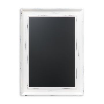 Show details for Reusable Magnetic Aiden Frame (12" x 18") A portrait-oriented blackboard with a distressed white wooden frame. The blackboard area is blank, providing a clean surface for writing or drawing. The frame has a slightly worn look, giving it a rustic appearance.