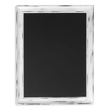 Show details for Reusable Magnetic Aiden Frame (18" x 24") A rectangular black chalkboard with a distressed white wooden frame, set against a plain white background.
