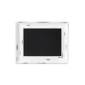 Show details for Reusable Magnetic Aiden Frame (9" x 12") A rectangular black chalkboard with a distressed white wooden frame, shown against a plain white background. The frame has a rustic, weathered appearance, adding a vintage feel to the overall design.