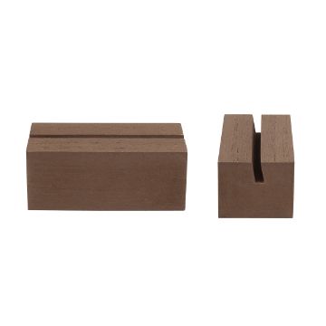 Show details for Simple Shapes Base (2-Pack) Two wooden blocks with a dark brown color are shown against a plain white background. The block on the left has a horizontal groove across the top, while the block on the right has a vertical groove running from the top downwards, creating an open slot.