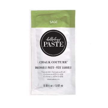 Show details for Sage Paste Single Image of a single-use packet of Chalk Couture paste. The packet is labeled "SAGE" at the top and has a green color block. It specifies the net weight as 0.19 fl oz (5.62 ml) and includes manufacturing details and conformity standards.
