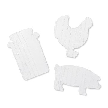 Show details for Farmhouse Slimcuts ( 3-Pack,  2¾", 3⅛", and 4") Three whitewashed wooden cutouts are displayed on a white background. The shapes include a milk canister, a hen, and a pig. Each cutout features a rustic, distressed finish.