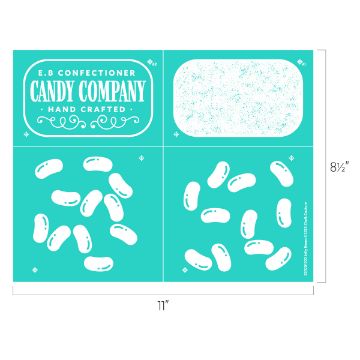 Show details for Jelly Beans A teal and white packaging design for Chalk Couture transfer. The design features the company name at the top left, and scattered white candy bean graphics on the bottom half. Dimensions are 11 inches wide by 8.5 inches tall.