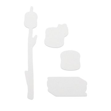 Show details for Outdoors & S'mores Chalkable Shapes (4 Pieces) Various white foam shapes on a plain background, including a long stick with two protrusions, and three different organic shapes resembling simplified figures or objects. The shapes all lack color and detail.
