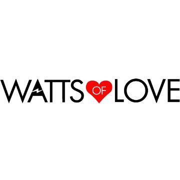 Show details for $25 Watts of Love Donation The image shows the logo for "Watts of Love." The text is in black uppercase letters, with the "A" featuring a lightning bolt. The "O" in "OF" is replaced by a red heart, emphasizing the organization's name.