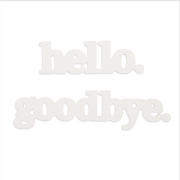 Show details for Hello, Goodbye Reusable Shapes (2 Pieces) A white background with the words "hello." and "goodbye." written in lowercase white letters. The word "hello." is at the top, and the word "goodbye." is directly below it. Both words are written in a bold sans-serif font.