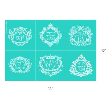 Show details for Crockery Labels An image of six teal squares, each with an ornate white border and text. Messages include "You are the SALTY to my sweet," "super sweet STASH," "Let's spill the TEA," "full of GRATITUDE," "another JOYFUL adventure," and "Hello, sweet TREAT." Dimensions: 18"x12".
Product Name: transfer
Brand Name: Chalk Couture
Revised sentence:
An image of six teal squares, each with an ornate white border and text. Messages include "You are the SALTY to my sweet," "super sweet STASH," "Let's spill the TEA," "full of GRATITUDE," “another JOYFUL adventure,” and “Hello, sweet TREAT.” Dimensions: 18"x12". Product: transfer by Chalk Couture.
