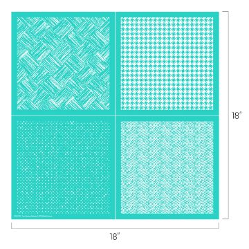 Show details for Four Texture Patterns A square image with dimension labels showing 18 inches by 18 inches, divided into four smaller squares, each with unique white geometric patterns on a teal background. Patterns include diagonal lines, houndstooth, small polka dots, and chevron-like designs by Chalk Couture transfer.