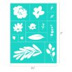 Image depicts a transfer design featuring various white botanical elements including flowers, leaves, and branches on a teal background. The transfer is rectangular, measuring 8.5 by 11 inches. Each botanical element is represented within different-sized rectangles by Chalk Couture.
