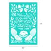 A bright turquoise poster with white floral illustrations and two birds facing each other. The text in elegant script reads, "There are always flowers for those who wish to see them." The dimensions of the Chalk Couture transfer are 18 inches tall by 12 inches wide.