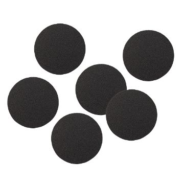 Show details for Black Chalkable Chips (12-Pack, 3", Round) Six black circular foam pads are arranged loosely in a scattered pattern on a white background.