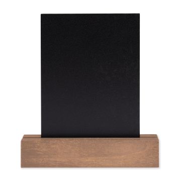 Show details for Reusable Black Board & Base (5" x 7") A blank blackboard standing upright on a rectangular wooden base. The blackboard is empty and ready for chalk writing or drawing. The base appears sturdy and provides support for the blackboard to stay in a vertical position.