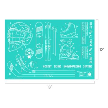 Show details for Snow & Ice Sports A turquoise Chalk Couture transfer with outlines and details of various sports equipment, including a hockey helmet and sticks, ski poles and boots, a snowboard, and ice skates. Dimensions are 18 inches by 12 inches. Labeled for hockey, skiing, snowboarding, and skating.