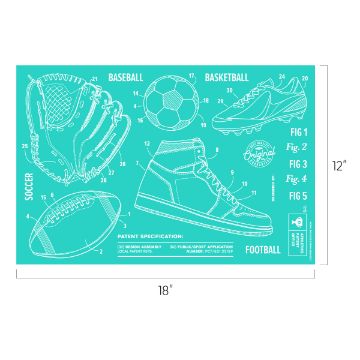 Show details for Varsity Blueprint-style illustration of sports equipment labeled for various sports. Includes a baseball glove, soccer ball, baseball, basketball, basketball shoe, and football. Dimensions are shown as 18 inches wide and 12 inches high. Text reads "Patent Specification” and "Fig 1" through "Fig 5. Product Name: Transfer Brand Name: Chalk Couture