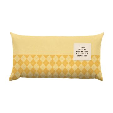 Show details for Bumblebee Ink Single A long, rectangular yellow pillow with a diamond pattern on one side and a square label reading "Today I will be happier than a bird with a french fry" on the other side. The Chalk Couture ink features different shades of yellow, creating a cheerful appearance.