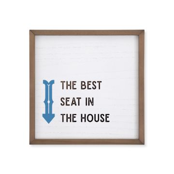 Show details for Colonial Blue Paste Single A framed sign with a wooden border that reads "THE BEST SEAT IN THE HOUSE." To the left of the text is a large blue arrow pointing downwards. The background is white with subtle lines, giving a minimalist appearance. Product: Chalk Couture paste.