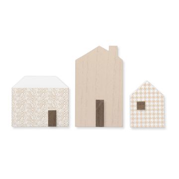Show details for Dune Paste Single A minimalist illustration of three houses in a row, varying in height. Each house has a distinct pattern: chevron, solid, and houndstooth. The houses are in neutral colors with a small dark brown door on each. This artwork was created using Chalk Couture paste.