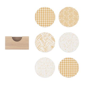Show details for Shimmer Harvest Paste Single The image shows a set of six Chalk Couture paste containers with various yellow and white geometric patterns, arranged in two rows and three columns. To the left of the paste containers is a wooden holder designed to store them.