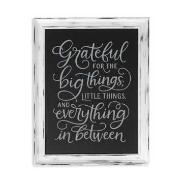 Show details for Shimmer Silver Paste Single A black chalkboard with white, cursive lettering inside a distressed white wooden frame. The text reads, "Grateful for the big things, little things, and everything in between," created using Chalk Couture paste.
