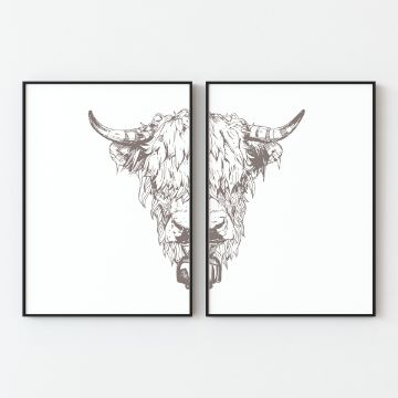 Show details for Storm Paste Single A two-part framed illustration of a highland cow's head with curved horns is divided across two canvases. The detailed black-and-white drawing spans both frames, showcasing the cow's fur and facial features against a white background, crafted with Chalk Couture paste.