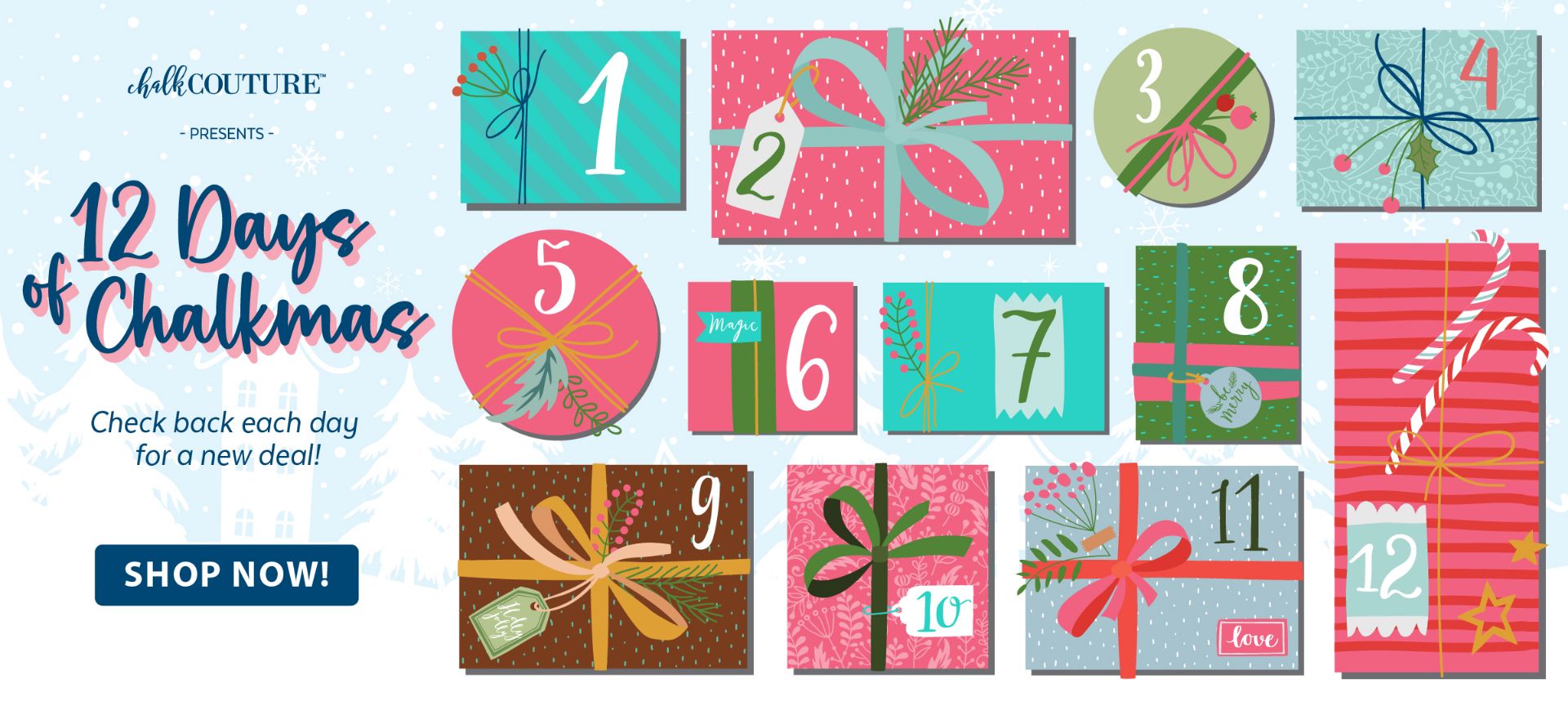 Graphic of "12 days of chalkmas" featuring colorful wrapped gift boxes labeled with numbers 1 through 12, with festive bows and decorations, promoting daily holiday deals.