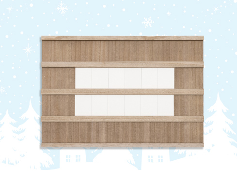 A wooden signboard with several white empty spaces for text, set against a light blue background adorned with snowflakes and subtle silhouettes of trees.