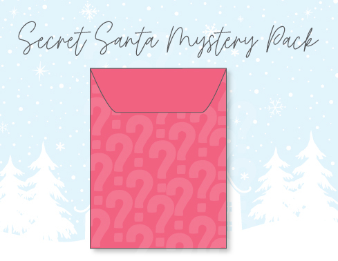 Graphic of a "secret santa mystery pack" featuring a pink envelope with question marks, set against a snowy background with tree silhouettes.