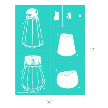 Show details for Salt & Pepper A turquoise sheet with white stencil designs depicting various parts of a salt and pepper shaker, including the shaker body, lid, and decorative shapes. Dimensions are labeled 8½" width and 11" height. Product Name: Transfer by Chalk Couture.