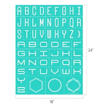 Show details for Modern Monogram Font A turquoise stencil sheet with various uppercase letters from the alphabet in different stylish fonts, arranged in a grid. At the bottom are images of a hexagon, a circle with a leafy design, and another circular wreath design. The sheet measures 18" by 24".