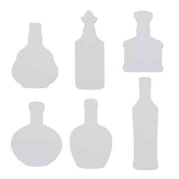 Show details for But First Cocktails Reusable Shapes (6 Pieces) Silhouettes of six different bottles in a variety of shapes and sizes arranged in two rows of three against a white background.