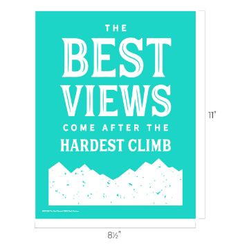 Show details for The Best Views A Chalk Couture transfer with the quote "The Best Views Come After the Hardest Climb" written in white capital letters. Below the text, there is a white silhouette of a mountain range. The dimensions are 8.5 inches by 11 inches.
