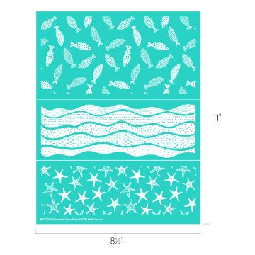 Show details for Geometric Ocean Prints Introducing the Chalk Couture transfer, a stencil sheet measuring 8.5 by 11 inches with three different designs: the top features various fish, the middle has wavy horizontal lines, and the bottom showcases starfish. The stencil is turquoise with white patterns.