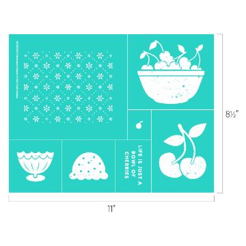 Show details for Farmhouse Cherries A turquoise Chalk Couture transfer featuring patterns and images including a floral design, a bowl of cherries, an ice cream sundae, a blob shape, and cherries on a stem. Text reads "LIFE IS JUST A BOWL OF CHERRIES." Dimensions are 11" by 8.5".