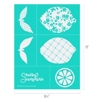 Show details for Lemons A turquoise poster with white illustrations, including a lemon with floral, checkered, and polka dot patterns, a lemon slice, lemon leaves with spots and polka dots, and the phrase "Hello Sunshine" in cursive. Dimensions are 8.5 inches by 11 inches.