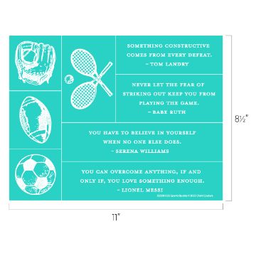 Show details for Sports Quotes A teal-colored transfer by Chalk Couture measuring 11 by 8.5 inches featuring quotes from sports figures. Illustrations of a baseball glove, tennis rackets, a football, and a soccer ball are arranged alongside the quotes.