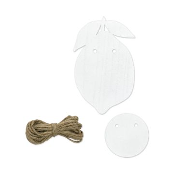 Show details for Lemon Slimcuts & Twine (14 Pieces) A blank, white, lemon-shaped wooden tag with two small holes near the top, a smaller round wooden tag with two holes, and a coiled piece of brown twine are placed against a white background.