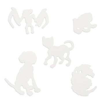Show details for Couture Boutique® Chalkable Shapes Bad to The Bone (5 Pieces) Cut-out silhouettes of various animals, including a cat, dog, bat with folded wings, small creature, and a round creature, appear in white against a plain background.