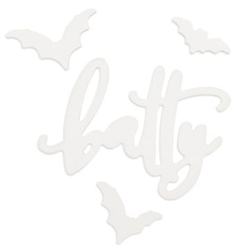 Show details for Couture Boutique® Chalkable Shapes A Little Batty (4 Pieces) White cutout shapes on a white background, including the word "batty" in cursive and four bat silhouettes.