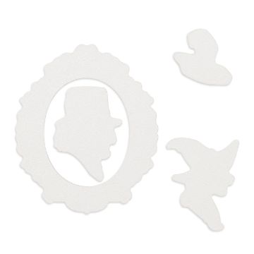 Show details for Couture Boutique® Chalkable Shapes A Wee Bit Wicked (4 Pieces) A white silhouette design featuring a framed cameo profile of a man in a hat, a bird, and a witch with a hat on a broomstick, all on a plain white background.