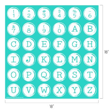 Show details for Antique Typewriter Keys A turquoise square with a grid of circles containing white alphanumeric characters. Rows and columns include digits 0-9, uppercase letters A-Z, and symbols such as the dollar sign, hashtag, @, & symbol, and punctuation marks like period, comma, exclamation, and question marks is a transfer from Chalk Couture.