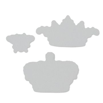 Show details for Reusable Vintage Labels & Crowns Shapes (3 Pieces) Three silver die-cut shapes resembling different styles of crowns are arranged on a white background. The shapes are unembellished and vary in size, with the smallest on the left and the largest at the bottom.