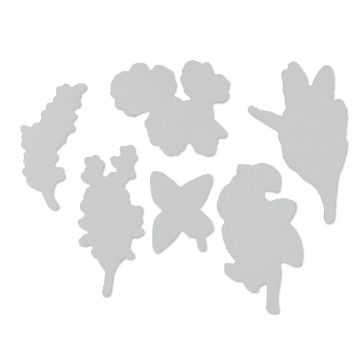 Show details for Reusable Kitchen Herbs Shapes (6 Pieces) Seven white, irregularly shaped silhouette cutouts of various plants and animals placed on a white background. Shapes include a butterfly, leaves, and abstract organic forms.