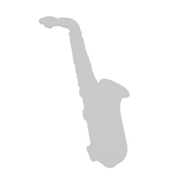 Show details for Saxophone Chalkable Shapes (1 Piece) A silhouette of a saxophone against a plain white background. The saxophone is depicted with a curved neck, detailed keys, and a bell that flares out at the bottom.