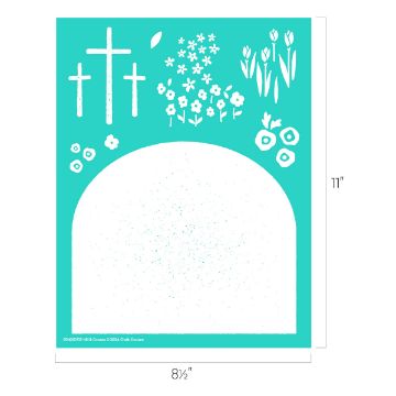 Show details for Hill & Crosses A teal Chalk Couture transfer with three white crosses, various flowers, and a large arched shape in the center. The sheet measures 11 inches tall and 8.5 inches wide.