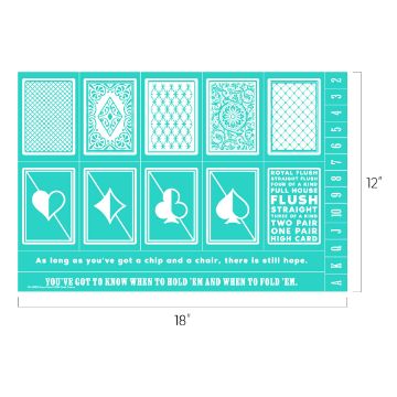 Show details for Royal Flush A teal poker hand ranking chart featuring designs of playing cards and corresponding hand ranks: Royal Flush, Straight Flush, Four of a Kind, Full House, Flush, Straight, Three of a Kind, Two Pair, One Pair, High Card. Text at the bottom reads, "As long as you've got a chip and a chair, there is still hope. You've got to know when to hold 'em and when to fold 'em." Dimensions displayed are 18 inches by 12 inches. The product name is Transfer by Chalk Couture.