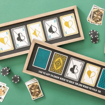 Show details for Royal Flush Two wooden frames with poker cards displayed inside are positioned on a green background. The frames contain cards forming royal flush hands in spades and hearts, and read "YOU'VE GOT TO KNOW WHEN TO HOLD 'EM AND WHEN TO FOLD 'EM." Surrounding are poker chips and cards. This stunning display was created using the "transfer" from Chalk Couture.