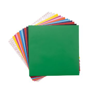 Show details for Adhesive Vinyl Sheets (12-Pack, 12" x 12") A stack of colorful origami papers is spread out, with the top sheet being green. The papers include a variety of solid colors as well as one sheet with a red grid pattern. All sheets are square and neatly aligned.