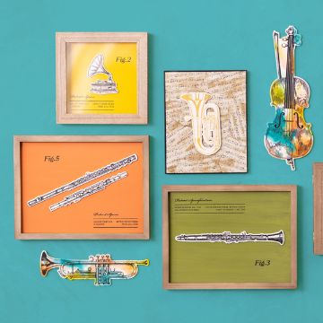 Show details for Flute Chalkable Shapes (1 Piece) A collection of framed musical instrument illustrations on a turquoise wall, including a gramophone (Fig. 1), tuba (Fig. 2), violin, flute and piccolo (Fig. 5), trumpet, and clarinet (Fig. 3). Each image features a colorful background and wooden frame.