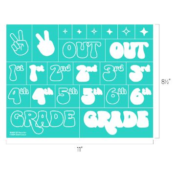 Show details for Peace Out A turquoise Chalk Couture transfer displays various grade levels in white, bubbly lettering, including "1st," "2nd," "3rd," "4th," "5th," and "6th." It also features phrases like "Peace Out" and "Grade" as well as stars and a peace sign symbol.