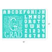 Image of a teal-colored Chalk Couture transfer with white uppercase letters from A to Z arranged in rows, alongside numbers from 1 to 9 and 0. To the left, there are various typography designs with the word "Grad" in different fonts and styles. Dimensions are 18" by 12".